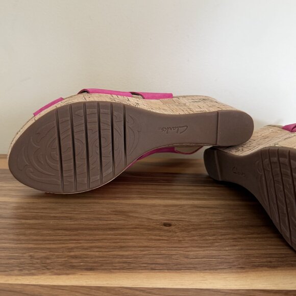 CLARKS Caslynn Diem Leather Slingback Wedge Sandal 8.5W Fuchsia nubuck pink EUC - Picture 8 of 15